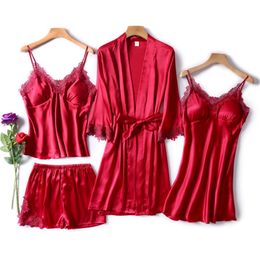 JULY'S SONG 4 Piece Sexy Pajamas Set Women Faux Silk Dressing Gown Lace Sling Shorts Summer Robe Sleepwear With Chest Pads 210831