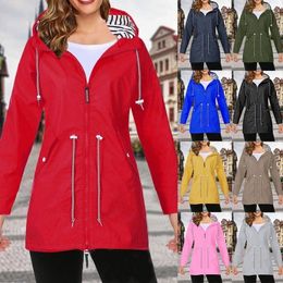 Women Windproof Long Hooded Jackets Waist Tightening With Zip Thin Outwear Multi Colour Autumn Winter Coats Sporting Outdoor Coat T200111