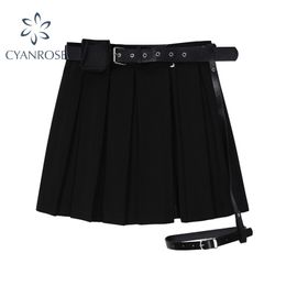 Punk Gothic Black Pleated Crop Skirt High Waist Belt Grunge Goth Sexy Skirt Summer Y2K Fashion Egirl Clothes 210621