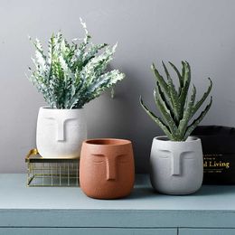 14CM Nordic Style Cement Flower Pot Creative Art Portrait Face Succulent Cactus Planter Pot With Vent Hole Home Decoration 210712
