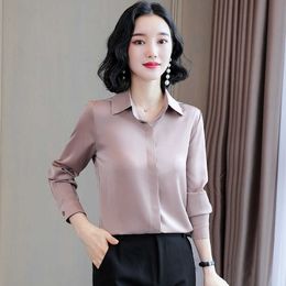 Korean Fashion Silk Women Blouses Satin Long Sleeve Shirt and Blouse Office Lady Blusas Largas Plus Size Autumn Womens Tops 210531