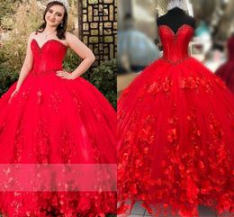 2021 Pretty Red Sweet 16 Dresses Floral 3D Flowers Applique Pearls Strapless Lace-up Tulle Quinceanera Dress Ball Gown Tulle Graduation Prom