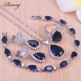 Big Water Drop Blue Stone Silver Color Jewelry For Women Bridal Jewelry Stud Earrings Ring Necklace Bracelet Set In Store H1022