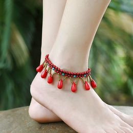 Minbohemian style Mancheng Jewellery half water drop Thai wax thread hand woven beach Anklet