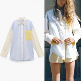 Za Shirt Women Patchwork Long Sleeve Dropped Shoulders Striped Summer Shirts Chic Woman Pleat Button Up Irregular Blue Top 210602