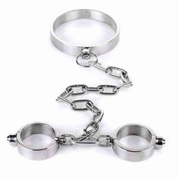 NXY Sex Adult Toy Lockable Neck Hand Bondage Cuffs Stainless Steel Metal Restraints Games Products Slave Bdsm Collar Handcuffs Fetish Toys1216