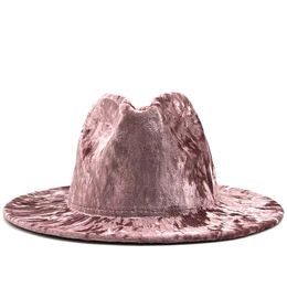 Simple HighPoint Fashion Women Gold Pink Velvet Wide Brim Fedora Hat Autumn Winter Gentleman Vintage British Jazz Panama Caps