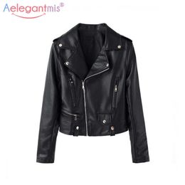 Aelegantmis Classic Design Women Soft PU Leather Jacket Slim Short Motorcycle Lady Rivet Zipper Cool Outerwear Black 210607
