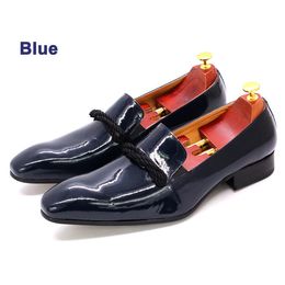 Size 7-13 Mens Dress Shoes Black Blue Patent Leather Men Loafers With Black String Pointed Toe Party Wedding Formal Shoes Luxury