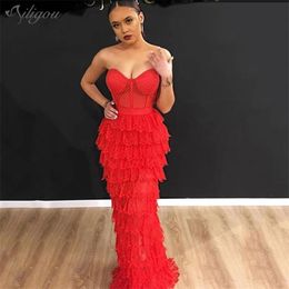 Women'S Dress Sexy Red Layered Ruffled Strapless Fishtail Long Fashion Designer Design Celebrity Party 210527