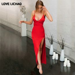 Woman Dress Summer New Sexy V-neck Backless Dresses Woman Party Night Red Dress Sleeveless Spaghetti Strap Women Dress 210309