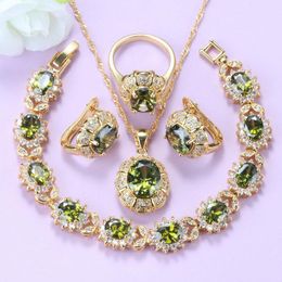 Earrings & Necklace African Bridal Wedding Olive Green Jewelry Sets Luxurious Gold Color Trendy Costume Bracelet Clip Women