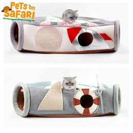 Multifunctional Cat Tunnel Steamship Spaceship Shaped Collapsible Ferrets Puppy Play Toy Pet Bed House 210929