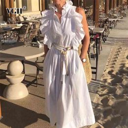 Elegant White Dress For Women Stand Collar Sleeveless High Waist Patchwork Maxi Dresses Female Summer Fashion 210531
