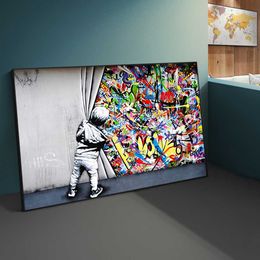 Street Art Banksy Graffiti Wall Art Behind The Curtain Canvas Paintings Cuadros Wall Art Pictures for Home Decor (No Frame) 210705