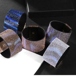 Fashion Gradient Colorful Rhinestone Leather Bangles Crystal Bling Wide Wrap Bracelets for Women Gift Wedding Boho Dress Jewelry Q0719