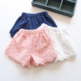 Summer 2-8 10 Years Old Children'S Clothing Cute Sweet Candy Colour Embroidery Hollow Out Lace Floral Baby Kids Girl Shorts 210529