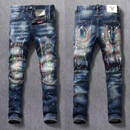 American Streetwear Fashion Men Painted Designer Slim Fit Elastic Punk Trousers Spliced Biker Jeans Homme Hip Hop Pants
