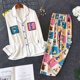 Printing Pajama Set Woman Korean Sweet Lovely Rayon Long Sleeve Trousers et Pijama 210809