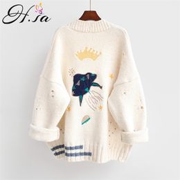 HSA Autumn Winter Women Sweater Cardigans Cartoon Embroidery Poncho Single Breasted Knit Harajuku Out Top 210914