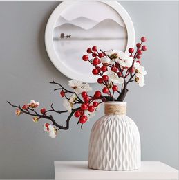 plastic berries decoration Canada - Cherry Red Plum Blossom Silk Artificial Flowers Plastic Branch for Home Wedding DIY Decoration Foam Christmas Berry Fake Flowers