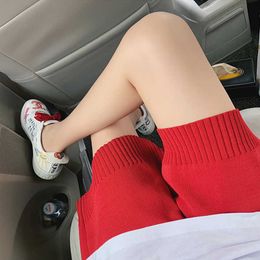 Elastic High Waist Plus Size Red Knitted Shorts Women Wide Leg Casual Loose Wild Drop Pantalones Cortos De Mujer 210610