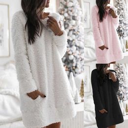 Women Winter Fleece Sleepwear Straight Plush Long Sleeve Dresses Autumn Loose Warm Round Neck Simple Casual Straight Plush Skirt Y1006