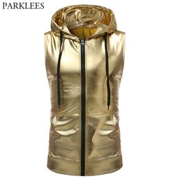 Shiny Gold Coated Metallic Tank Top Men Brand Hip Hop Sleeveless Hoodie Nightclub Party Dance Zipper Tops Tee