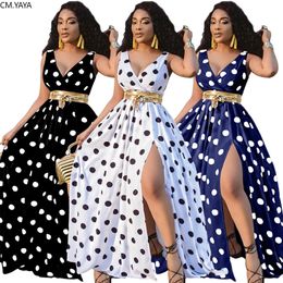 CM.YAYA Sexy Club Night Party Beach Dot Print Women Sleeveless High Waist V-neck High Split Maxi Dress Active Wear Long Dress 210309