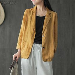 ZANZEA Women Summer Long Sleeve Blazer Stylish Lapel Neck OL Blazers Female Solid Thin Jackets Outwear Casual Cotton Suit Coat 7 X0721