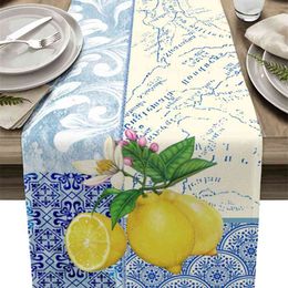 Blue Porcelain Texture Map Lemon Table Runner Modern Party Dining Wedding Decor cloth and Placemats 210628