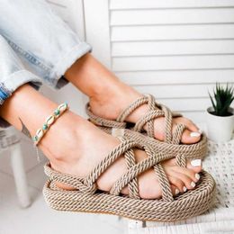 Bohemian Sandals For Women Fashion casual Flat Linen Rope Platform Female Open Toe Slip-on Roman Beach Shoe Dropshipping #40 Y0721