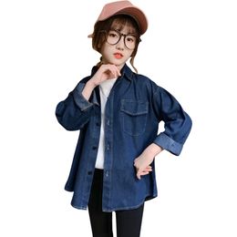 Blouses For Girls Solid Colour Denim Blouse Girl Spring Autumn Children's Casual School Uniform 210527