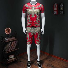Red Retro Print Suits Men 2Pcs Tshirt Shorts Summer Sweatsuit Men's Sportswear Track Suit Party Social Sets Sweatpants Clothes 210527