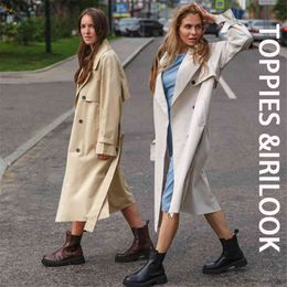 Toppies Long Trench Coat 100% cotton Loose Oversized Women's Double-Breasted Belted Lady Cloak Windbreaker 210914