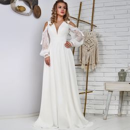 Boho Beach White Chiffon Wedding Dress A Line Lace long Sleeve Floor Length Bridal Gowns Low Back Plus Size Reception Wear