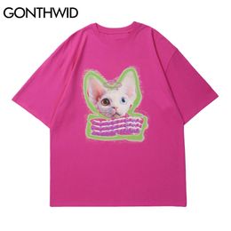 GONTHWID Short Sleeve Tees Tops Streetwear Harajuku Cat Head Print Cotton Casual T-Shirts Men Summer Hip Hop Loose Tshirts Male C0315