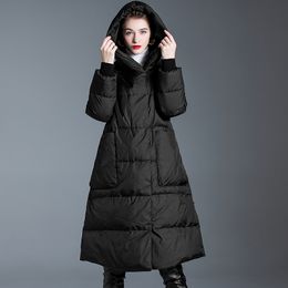 Women's Runway Down Coats Hooded Collar Long Sleeves White Duck Downs Fashion Winter Overcoat Outerwear Thick Parkas