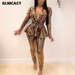 Women Plus Size Office Ladies Sequined Autumn 2 Two Piece Set Top and Pants Elegant Female Casual Business Suits 210930