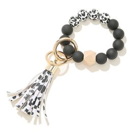 Keychain Tassel Bead String Chain Party Favor Black And White Leopard Bracelets Abrazine Beads Bracelet Key Ring Wrist Strap KKB7787