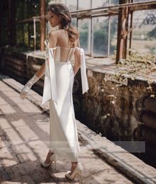 2021 Charming Sheath Wedding Dress Spaghetti Straps Off Shoulder Bride Dresses Sexy Backless Ankle Length Straight Bridal Gowns Cu261D