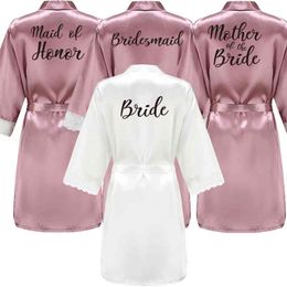 Women Satin Lace Robe Bride Robe Bridesmaid Robes Bridal Wedding Robe Sleepwear Bathrobe Dressing Gown White Robes 210831