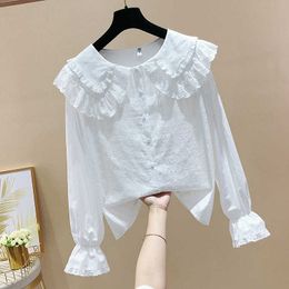 Solid Sweet Top Peter Pan Collar Flare Sleeve Blouse Women Single Breasted Full Shirt 210615