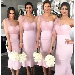 Bridesmaid Dress YiMinpwp Pink Mermaid Dresses One Shoulder Tea Length Draped Garden Country Wedding Guest Gowns Maid Of Honor M187