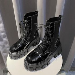 Boots 2021 British Style Patent Leather Black High Fashion Women Wear-resistant Sole Ankle Ladies Oxford Shoes