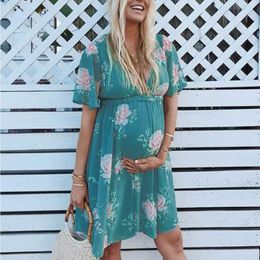 Flower Print Pregnant Dress Summer Womens Mother Lace Maternity Dresses Short Sleeve Nursing Pregnant Pyjamas Flower Cosy Q0713