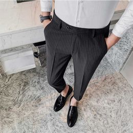 Striped Business Dress Pants Men Ankle Length Office Social Casual Pants Slim Fit Streetwear Suit Trousers Pantalon Homme 210527