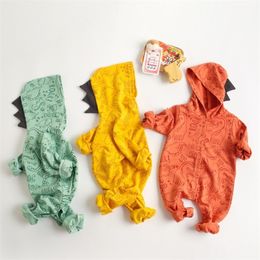 2021 Baby Boy Girl Dinosaur Costume Solid Gree Yellow Rompers Pring Autumn Cotton Romper Playsuit Clothes 210309