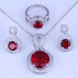 Earrings & Necklace Special Round Stud Pendant Ring Red Imitation Garnet Cubic Zirconia Silver Color Jewelry Sets H0251