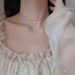 Personality 925 Sterling Silver Cute Cross Necklace Love Clavicle Chain Shiny Zircon Star Pendant Ladies Party Jewellery Gift Y1204